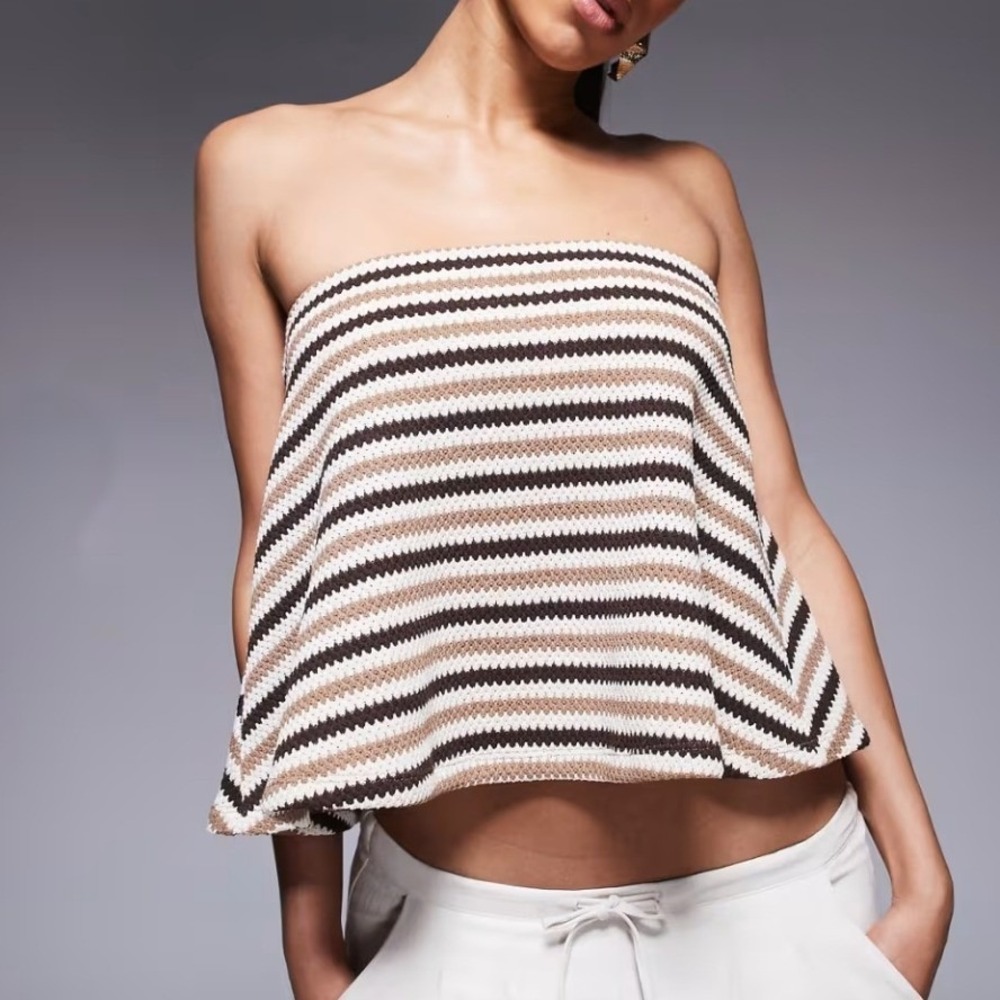 ASOS DESIGN Womens Small Brown Striped crochet‎ Knit Bandeau Crop Top